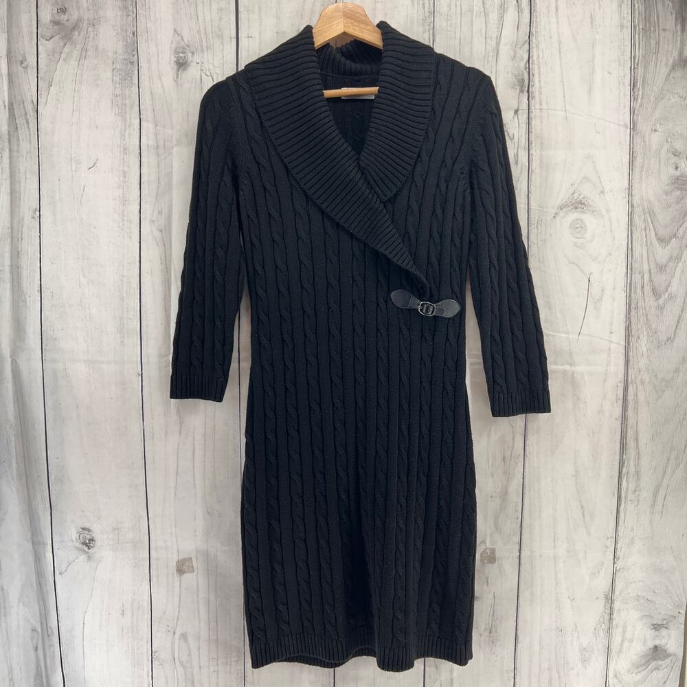 Calvin Klein SMALL Black Knit Sweater Dress A-Line Knee Length Long Sleeve